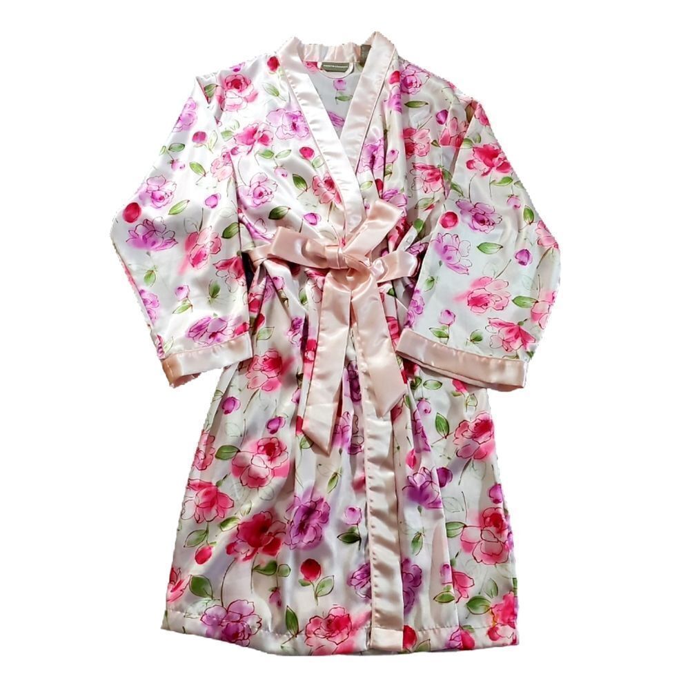 Valerie Stevens Pink Floral Robe Size Large Peignoir Satin Long Sleeve M…